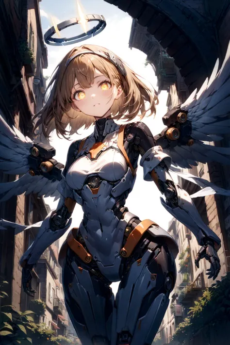 (Masterpiece:0.9), best quality, (illustration, incredibly absurdres:0.95), ultra detailed, solo, 1girl, dynamic angle, Cyborg girl, angel, steel halo, hawken, robot joints, Mechanical skin, detached sleeves, glittering eyes, mechanical wing, (rim light, cinematic lighting:1.05), [white background:1.4)::0.2], (Detailed background:1.2), [:<lora:anime enhancer V3 xl:1.2>:0.4], [:<lora:sdxl2-flat2-512b:-0.85>:0.5],