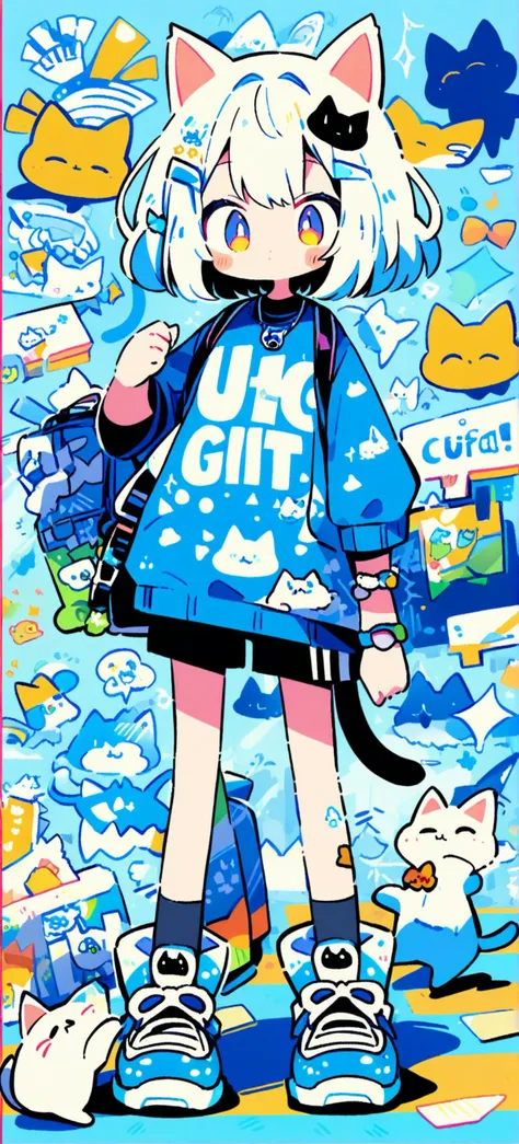 (Masterpiece:0.9), best quality, (illustration, incredibly absurdres:0.95), ultra detailed, Run girl, dynamic angle, Lots of kitten, stray cat, Outdoors, street, yuru-chara, nyaaa, Kawaii, [(Cyan Color background:1.4)::0.2], (Graffiti Wallpapers:1.4),  <lora:add_details_xl:0.8> <lora:cutedoodle_XL:1>