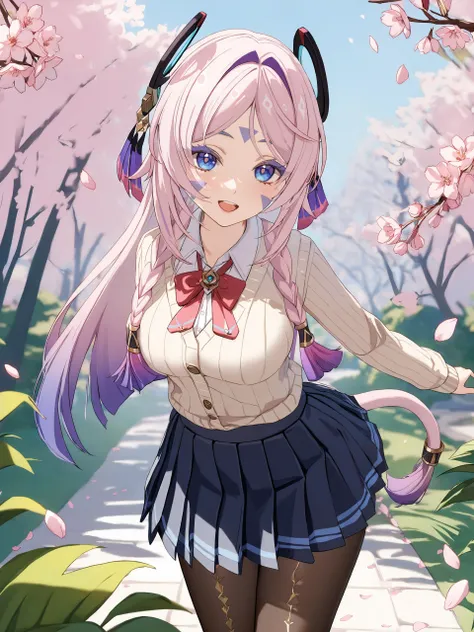 1girl, citlali \(genshin impact\), facial mark, solo, school uniform, white shirt, sweater, pleated skirt, pantyhose, smile, open mouth, looking at viewer, outdoors, jungle, cherry blossoms, petals, depth of field, tail <lora:Char-Genshin-Citlali-V1-XL:0.9>, masterpiece, best quality, very aesthetic, ray tracing, newest,(hitenkei, askzy:0.5), [<lora:detailed_notrigger:0.95>::0.5]