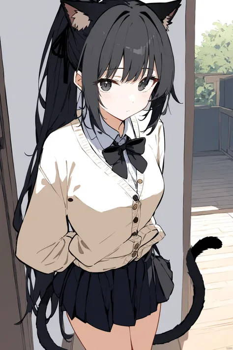 1girl, black hair, black eyes, cat ears, extremely long ponytail, cat tail, white shirt, long sleeves, bowtie, shirt tucked in, flat color, cream-colored cardigan, black pleated skirt, micro skirt, bare legs, short black socks, black canvas shoes, uwabaki, hair ribbons, black hair tie, standing, [[full body]], highly detailed, best quality, absurdres, detailed, hdr, natural light, ((side to viewer)), looking away, expressionless