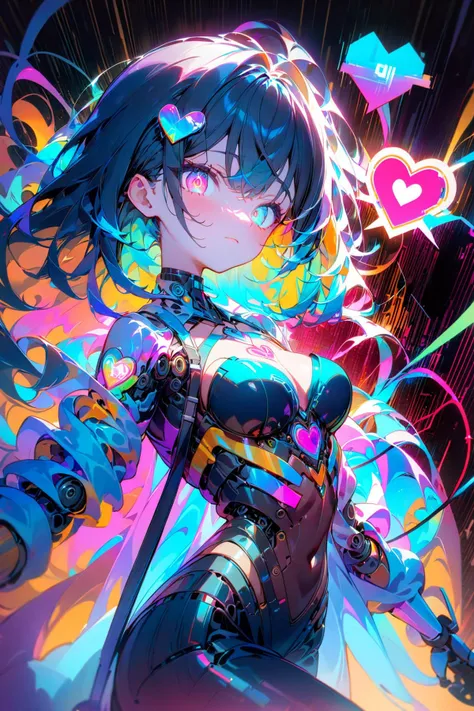 (Masterpiece:0.9), best quality, (illustration, incredibly absurdres:0.95), ultra detailed, solo, 1girl, dynamic angle, cyan color scheme, closed mouth, glowing eyes, mechanical body, cable, robot joints, (heart of string, electric current:1.15), spoken heart, Neon, multicolor glitch, [grid background:1.4)::0.2], (cardiogram background:1.4), [:<lora:anime enhancer V3 xl:1.15>:0.4], [:<lora:aesthetic_anime_v1s:1.05>:0.5], <lora:Niji_glitch__neon_aesthetic:0.8>