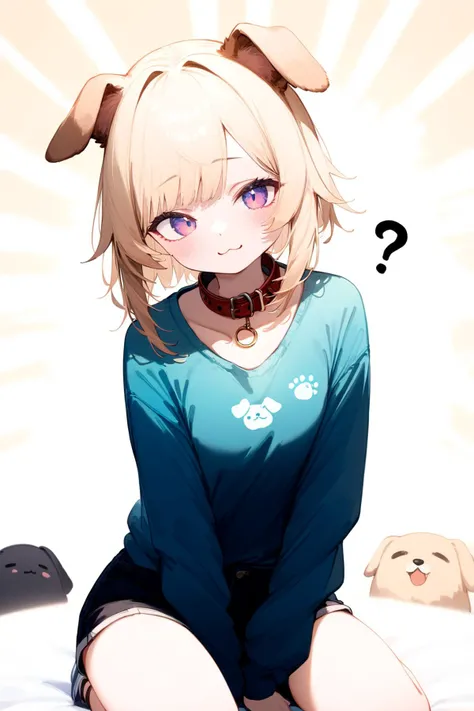 (Masterpiece:0.9), best quality, (illustration, incredibly absurdres:0.95), ultra detailed, solo, 1girl, solo, dynamic angle, hand between legs, dog girl, animal collar, beige hair, dog ears, head tilt, :3, shirt, short pants, ?, ??, Kawaii, [gradient background:1.2)::0.2], (sunburst background:1.4), [<lora:anime enhancer V3 xl:1.05>::0.5], [:<lora:aesthetic_anime_v1s:1.05>:0.5],