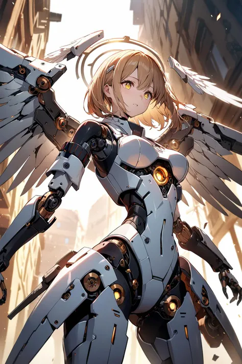 (Masterpiece:0.9), best quality, (illustration, incredibly absurdres:0.95), ultra detailed, solo, 1girl, dynamic angle, Cyborg girl, angel, steel halo, hawken, robot joints, detached sleeves, glittering eyes, mechanical wing, (rim light, cinematic lighting:1.05), [white background:1.4)::0.2], (Detailed background:1.2),