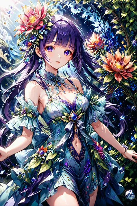slvt, 1girl, only upper body, flower dress, cinematic angle, floral decoration, blunt bangs, hand in own hair, depth of field, petals, Rosy ivy, bloom, film grain, kawaii, [(white background:1.2)::0.2], (fractal background:1.2), illustration, incredibly absurdres, ultra detailed, masterpiece, best quality, [<lora:anime enhancer V3 xl:1.05>::0.5], [:<lora:aesthetic_anime_v1s:1.2>:0.5], <lora:flower_lora:1> <lora:FractalSilverXL:0.9> <lora:detailed_hands:1.2>