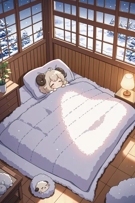 chibi style, 1girl, closed eyes, :3, sleeping, futon, bed, fluffy blanket, Sheep, wool, [(milky white background:1.2)::0.2], (Cozy Bedroom background:1.2), illustration, incredibly absurdres, ultra detailed, masterpiece, best quality, [<lora:detailed_notrigger:0.95>::0.5], [:<lora:sdxl2-flat2-512b:0.65>:0.5],
