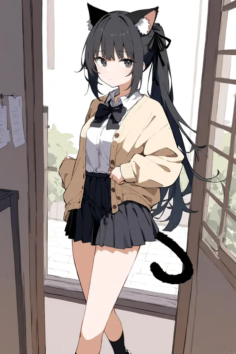 1girl, black hair, black eyes, cat ears, extremely long ponytail, cat tail, white shirt, long sleeves, bowtie, shirt tucked in, flat color, cream-colored cardigan, black pleated skirt, micro skirt, bare legs, short black socks, black canvas shoes, uwabaki, hair ribbons, black hair tie, standing, [[full body]], highly detailed, best quality, absurdres, detailed, hdr, natural light, ((side to viewer)), looking away, expressionless