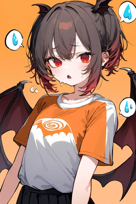 flat coloring, (Masterpiece:0.9), best quality, (illustration, incredibly absurdres:0.95), ultra detailed, 1girl, vampire girl, ringed eyes, Red eyes, tsurime, :<, fang, short sleeves, bat wings, (sweat:0.65), spoken sweatdrop, [(gradient background:1.2)::0.2], (orange background:1.2),