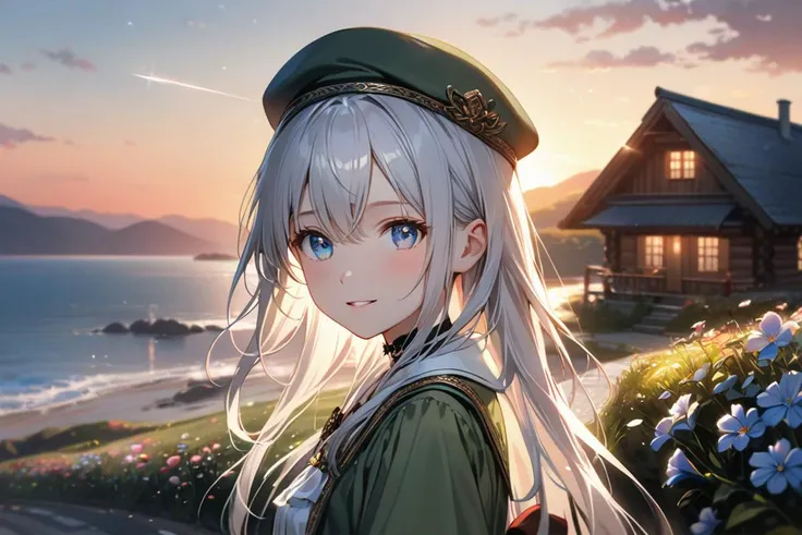 (1girl:1.3),(solo:1.3),(ultra detailed:1.2),(depth of field:1.2),(Amazing, beautiful detailed characters:1.2),(Realistic shadow effects:1.2),8k wallpaper,
BREAK
(young maiden girl:1.1),(high definition eyes:1.1),(gradation clear vivid glitter pupil blue eyes:1.1),(eyes with a faint glint in them:1.3),(white long hair:1.3),bangs,(dignified beautiful face:1.1),hair between eyes,small mouth,(parted lips:1.2),with cute Healthy makeup,middle breasts,
BREAK
(squint smile:1.2),
(looking side:1.2),
BREAK
holding accessory,dark green beret,light green uniform dress with ruffles on the skirt,white blouse,Large ribbon around the waist,choker around the neck,
walking,
Huge panorama view,fantastic romantic world,(Just after the sunset:1.2),can see the ocean in the distance,horizon (related to sea or lakes),(Sky about to change from sunset to starry sky:1.2),(Unpaved road,Colorful flowers blooming on the roadside:1.2),(Fine log house near the road:1.1),(A girl in the setting sun:1.3),
(A close-up portrait:1.3),
(soft lens flare with vfx effects:1.1),(soft gloss sfx with effects:1.3),(with special effects:1.2)
<lora:flat2:0.2>,<lora:hairdetailer:1.0>,<lora:more_details:0.4>,<lora:sharpen-soften:-0.65>