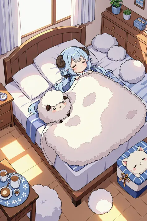 chibi style, 1girl, closed eyes, :3, sleeping, futon, bed, fluffy blanket, Sheep, wool, [(milky white background:1.2)::0.2], (Cozy Bedroom background:1.2), illustration, incredibly absurdres, ultra detailed, masterpiece, best quality, [<lora:detailed_notrigger:0.95>::0.5], [:<lora:sdxl2-flat2-512b:0.65>:0.5],