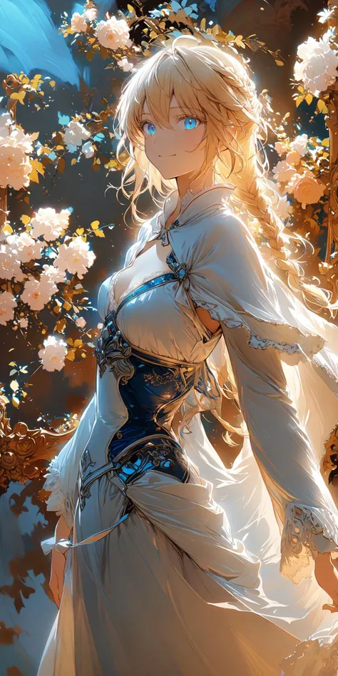 "O my maiden"(16k,masterpiece,best quality,ultra detail)full body,cute-face,perfect-proportion,dignified appearance,majesty,elegant costume,illustration:1.2,
break,first-layer,black marble-gradation background, contrast:2,
break,second-layer,(1girl ,slender,small breasts,beauty,artoria pendragon ),fluorescent blue eyes, luxury silver+blue armor ,indigo long dress ,blonde british braid hair, ahoge,white cloak,smile, strong wind,transparent background,
<lora:add-detail-xl:2> <lora:neg4all_bdsqlsz_xl_V91:1> <lora:MJ52:1.1> <lora:detailed_hands:1.2> <lora:lora:1.2>blue-light.