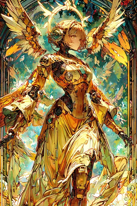 style of Alphonse Mucha, (Masterpiece:0.9), best quality, (illustration, incredibly absurdres:0.95), ultra detailed, solo, 1girl, dynamic angle, Cyborg girl, angel, steel halo, hawken, robot joints, detached sleeves, glittering eyes, Meca luminescence, mechanical wing, (rim light, cinematic lighting:1.05), [white background:1.4)::0.2], (Detailed background:1.2), [:<lora:anime enhancer V3 xl:1.2>:0.4], [:<lora:sdxl2-flat2-512b:-0.85>:0.5], <lora:tbh200-sdxl:1.2>