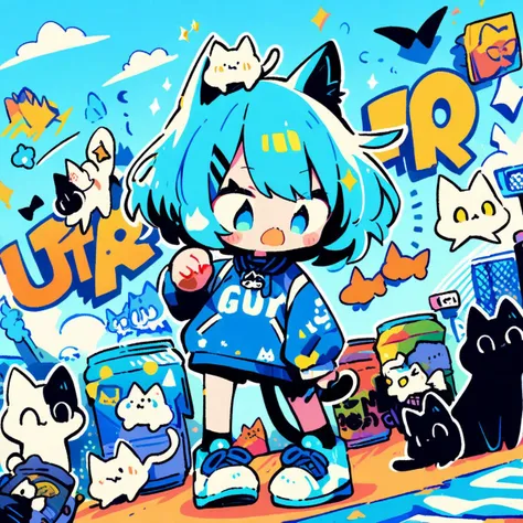 (Masterpiece:0.9), best quality, (illustration, incredibly absurdres:0.95), ultra detailed, Run girl, dynamic angle, Lots of kitten, stray cat, Outdoors, street, yuru-chara, nyaaa, Kawaii, [(Cyan Color background:1.4)::0.2], (Graffiti Wallpapers:1.4),  <lora:add_details_xl:0.8> <lora:cutedoodle_XL:1>
