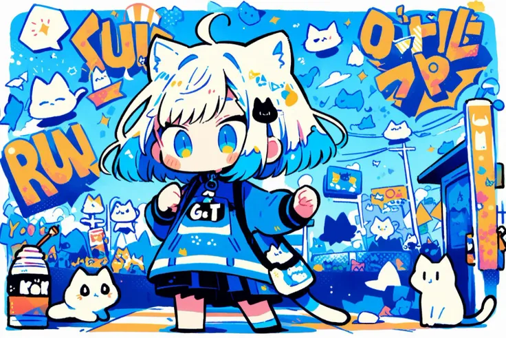 (Masterpiece:0.9), best quality, (illustration, incredibly absurdres:0.95), ultra detailed, Run girl, dynamic angle, Lots of kitten, stray cat, Outdoors, street, yuru-chara, nyaaa, Kawaii, [(Cyan Color background:1.4)::0.2], (Graffiti Wallpapers:1.4),  <lora:add_details_xl:0.8> <lora:cutedoodle_XL:1>