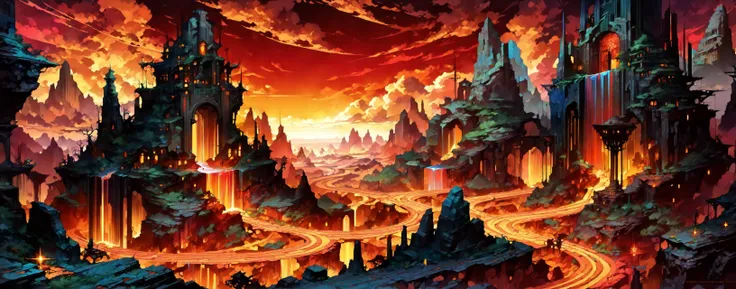 by Julie Bell and Boris Vallejo, A series of Badlands rock formations, naturally sculpted into grotesque shapes, each casting a sinister shadow under the glow of the red dusk light, forming a labyrinth of natural art. world in the style of the decaying empire of Würstreich, dark magic and grotesque creatures abound, inspired by Sean Aaberg's punk aesthetic, dark fantasy world combines grim landscapes with vibrant, colorful art, heroes skirmish monstrous foes in a setting where rebellion, decay, and mysticism intertwine, crafting a unique, immersive vibe, hyper detailed, professional poster art, bold lines, award winning, trending on ArtStation , (intricate details, masterpiece, best quality:1.4), looking at viewer, dynamic pose, in the style of nicola samori, (Use Dream Diffusion Secret Prompt)