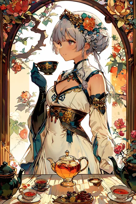 style of Alphonse Mucha, (Masterpiece:0.9), best quality, (illustration, incredibly absurdres:0.95), ultra detailed, solo, 1girl, dynamic angle, silver hair, hair bun, nontraditional chinadress, (pelvic curtain:0.8), covered navel, (beautiful legs:0.7), lace gloves, elbow gloves, tea pots, tea cup, Chinese tea, (bloom, cinematic lighting:0.75), high contrast, kawaii, [white background:1.2)::0.2], (meandros background:1.4), <lora:loraeyesxl:0.9>, [:(lora:anime enhancer V3 xl:1.2):0.4], [:(lora:aesthetic_anime_v1s:1.2):0.5], <lora:tbh200-sdxl:1.05>