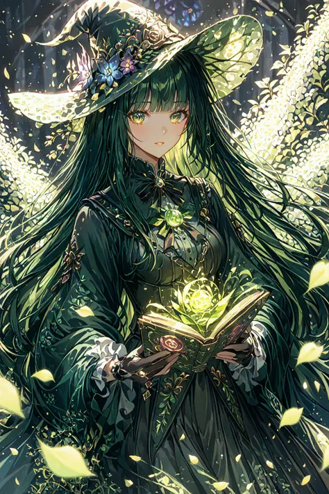hkmagic, 1girl, only upper body, Flower Witch, cinematic angle, floral decoration, glove,  grimoire, blunt bangs, Green leaf, depth of field, petals, Rosy ivy, bloom, film grain, kawaii, [(white background:1.2)::0.2], (fractal background:1.2), illustration, incredibly absurdres, ultra detailed, masterpiece, best quality, [<lora:anime enhancer V3 xl:1.05>::0.5], [:<lora:aesthetic_anime_v1s:1.2>:0.5], <lora:FantasyWizardWitchesXLV3:1>