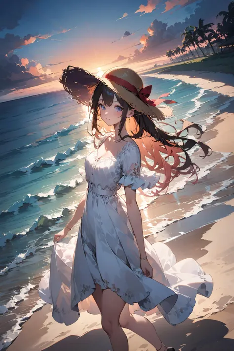 (Masterpiece:0.9), best quality, (illustration, incredibly absurdres:0.95), ultra detailed, solo, 1girl, dynamic angle, white dress, straw hat, beach, horizon, ocean, dusk, backlighting, cinematic (shadows:0.9), [(black scenery background:1.4)::0.1], (Sunset beach background:1.4), <lora:Anime Enhancer XL V2:1.0> <lora:aesthetic_anime_v1s:1.2>