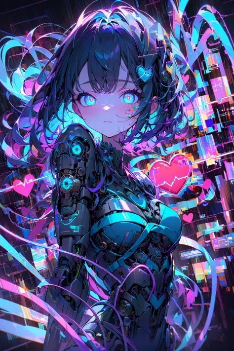 (Masterpiece:0.9), best quality, (illustration, incredibly absurdres:0.95), ultra detailed, solo, 1girl, dynamic angle, cyan color scheme, closed mouth, glowing eyes, cable, Cyborg girl, heart of string, electric current, spoken heart, Neon, multicolor glitch, [grid background:1.4)::0.2], (cardiogram background:1.4), [:<lora:add_details_xl:1.05>:0.4], [:<lora:aesthetic_anime_v1s:1.05>:0.5], <lora:Niji_glitch__neon_aesthetic:0.8>