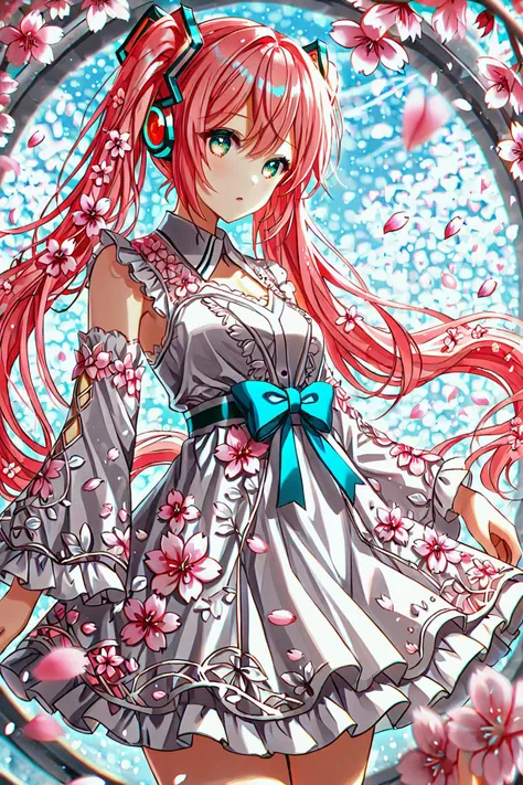 WhiteEmber, 1girl, Hatsune Miku, cinematic angle, white dress, pastel colours, depth of field, Kawaii, sakura petals, [(white background:1.2)::0.2], (mosaic art background:1.2), illustration, incredibly absurdres, ultra detailed, masterpiece, best quality, [<lora:detailed_notrigger:0.95>::0.5], [:<lora:loraeyesxl:1.05>:0.5], <lora:sakura_petals_lora_xl_webui:1> <lora:WhiteEmberWorldMorphXL:1.15>