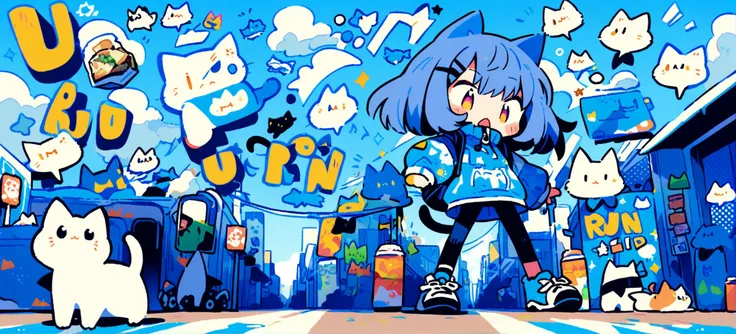 (Masterpiece:0.9), best quality, (illustration, incredibly absurdres:0.95), ultra detailed, Run girl, dynamic angle, Lots of kitten, stray cat, Outdoors, street, yuru-chara, nyaaa, Kawaii, [(Cyan Color background:1.4)::0.2], (Graffiti Wallpapers:1.4),  <lora:add_details_xl:0.8> <lora:cutedoodle_XL:1>