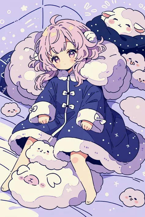 cute doodle, chibi style, 1girl, closed eyes, :3, sleeping, futon, bed, fluffy blanket, Sheep, wool, [(milky white background:1.2)::0.2], (Cozy Bedroom background:1.2), illustration, incredibly absurdres, ultra detailed, masterpiece, best quality, [<lora:detailed_notrigger:0.95>::0.5], [:<lora:sdxl2-flat2-512b:0.65>:0.5], <lora:cutedoodle_XL:1>