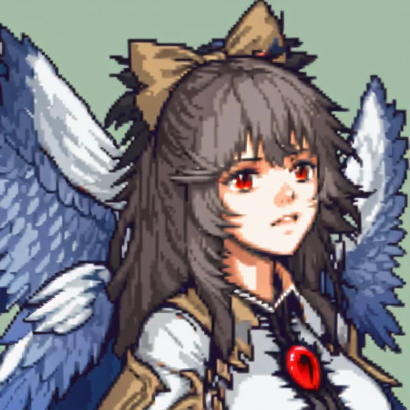 1girl, solo, masterpiece, best quality, illustration, absurdres, cute, film_grain, extremely detailed face, perfect lighting, <lora:gbaportrait:1>, gbaportrait, simple background, solo, green background, ((headshot)), ((portrait)),reiuji_utsuho_touhou, bow, long_hair, hair_bow, green_bow, wings, red_eyes, black_wings, black_hair, cape, brown_hair, breasts, <lora:reiuji_utsuho_touhou:0.8>,