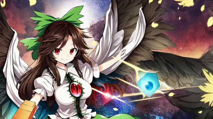 reiuji_utsuho_touhou, bow, long_hair, hair_bow, green_bow, wings, red_eyes, third_eye, black_wings, black_hair, cape, arm, arm_cannon, brown_hair, smile, breasts, <lora:reiuji_utsuho_touhou:0.8>, 1girl, solo, masterpiece, best quality, illustration, absurdres, cute, film_grain, extremely detailed face, perfect lighting, official art, professional artwork, highres, lens flare, (vibrant_color:1.2), smile, cowboy shot,