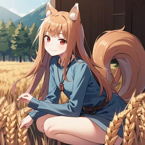 1girl, solo, masterpiece, best quality, illustration, absurdres, cute, film_grain, extremely detailed face, perfect lighting, smile, full_body, <lora:holo_v1:0.8>, long hair, brown hair, animal ears, red eyes, wolf tail, necklace, outdoors, plains, wheat,