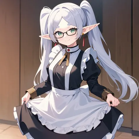 1girl, solo, masterpiece, best quality, illustration, absurdres, cute, film_grain, extremely detailed face, perfect lighting, smile, cowboy shot, <lora:frieren_v1:1>, aafrie, long hair, white hair, twintails, pointy ears, earrings, thick eyebrows, maid, maid dress, glasses, hair ornament,