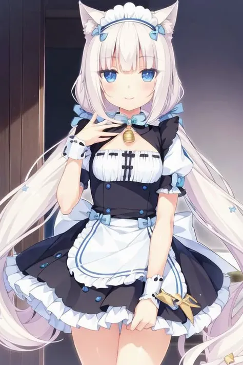 1girl, solo, masterpiece, best quality, illustration, absurdres, cute, film_grain, extremely detailed face, perfect lighting, smile, cowboy shot, vanilla, cat ears, white hair, blue eyes, slit pupils, very long hair, twintails, maid, black dress, wrist cuffs, neck bell, puffy short sleeves,