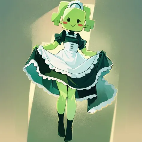 1girl, solo, masterpiece, best quality, illustration, absurdres, cute, film_grain, extremely detailed face, perfect lighting, full_body, smile, <lora:PaperMarioMimi:1>, PaperMimi, green hair, green skin, maid dress,