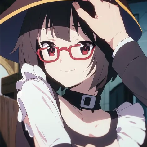 1girl, solo, masterpiece, best quality, illustration, absurdres, cute, film_grain, extremely detailed face, perfect lighting, smile, cowboy shot, <lora:Megumin:0.8>, Megumin, maid, maid dress, glasses, hair ornament,