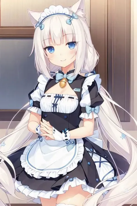 1girl, solo, masterpiece, best quality, illustration, absurdres, cute, film_grain, extremely detailed face, perfect lighting, smile, cowboy shot, vanilla, cat ears, white hair, blue eyes, slit pupils, very long hair, twintails, maid, black dress, wrist cuffs, neck bell, puffy short sleeves,