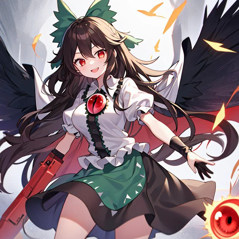 1girl, solo, masterpiece, best quality, illustration, absurdres, cute, film_grain, extremely detailed face, perfect lighting, reiuji_utsuho_touhou, bow, long_hair, hair_bow, green_bow, wings, red_eyes, third_eye, black_wings, black_hair, cape, arm, arm_cannon, brown_hair, smile, breasts, <lora:reiuji_utsuho_touhou:0.8>,