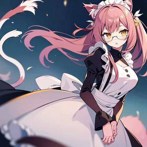 1girl, solo, masterpiece, best quality, illustration, absurdres, cute, film_grain, extremely detailed face, perfect lighting, <lora:Kokonoe:0.7>, kokonoems, animal ears, cat ears, tail, cat tail, multiple tails, cowboy shot, maid, maid dress, glasses, hair ornament,