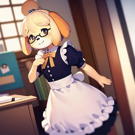 1girl, solo, masterpiece, best quality, illustration, absurdres, cute, film_grain, extremely detailed face, perfect lighting, <lora:shizue_Isabelle:0.7>, isabelle \(animal crossing\), indoors, topknot, animal ears, closed mouth, furry, dog girl, cowboy shot, blonde hair, dog ears, furry female, body fur, short hair, 3D, game screen shot, maid, maid dress, glasses, hair ornament, smile, looking at viewer,
