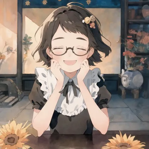 1girl, solo, masterpiece, best quality, illustration, absurdres, cute, film_grain, extremely detailed face, perfect lighting, <lora:0007Sfumi:1.2>, fumi, smile, closed eyes, happy, dark blond hair, maid, maid dress, glasses, hair ornament, watercolor, <lora:watercolor_20230906151716:0.8>,