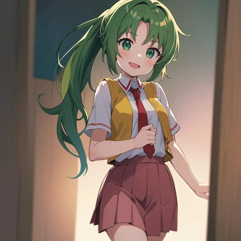 1girl, solo, masterpiece, best quality, illustration, absurdres, cute, film_grain, extremely detailed face, perfect lighting, smile, full_body, <lora:Mion3:1>, Mion Sonozaki, green hair, green eyes, ponytail, white shirt, red necktie, yellow vest, red skirt,