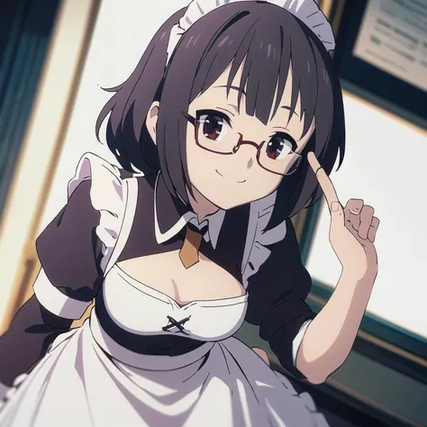 1girl, solo, masterpiece, best quality, illustration, absurdres, cute, film_grain, extremely detailed face, perfect lighting, smile, cowboy shot, <lora:Megumin:0.8>, Megumin, maid, maid dress, glasses, hair ornament,