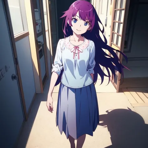 1girl, solo, masterpiece, best quality, illustration, absurdres, cute, film_grain, extremely detailed face, perfect lighting, smile, full_body, <lora:hitagi-senjougahara-v6:1>, hitagisenjougahara, long hair, blue shirt, looking at viewer, blue eyes, brown skirt, skirt, standing, purple hair,