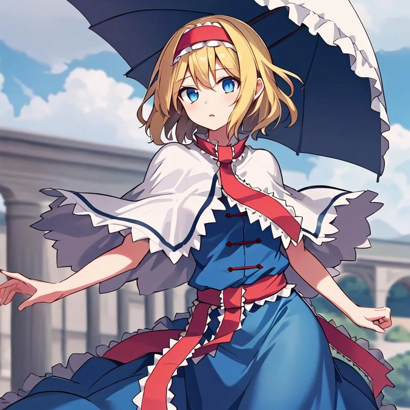 1girl, solo, masterpiece, best quality, illustration, absurdres, cute, film_grain, extremely detailed face, perfect lighting, alice_margatroid_touhou, blonde_hair, short_hair, hairband, blue_eyes, capelet, <lora:alice_margatroid_touhou:0.8>,