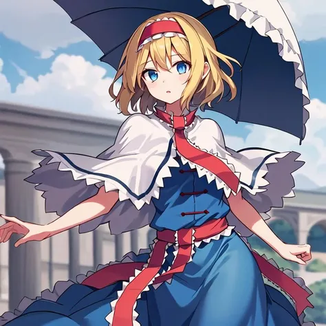 1girl, solo, masterpiece, best quality, illustration, absurdres, cute, film_grain, extremely detailed face, perfect lighting, alice_margatroid_touhou, blonde_hair, short_hair, hairband, blue_eyes, capelet, <lora:alice_margatroid_touhou:0.8>,