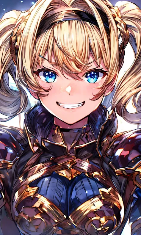 <lora:add_detail:1><lora:add_saturation:0.5><lora:Zeta:1>
ultra detail, extreme cg,
ZETA (GRANBLUE FANTASY),solo,BLONDE HAIR, TWINTAILS, BLUE EYES, BLACK HAIRBAND,BIKINI ARMOR,curvy,cutout, evil grin,
depth of field,
(face focus), close-up, portrait,