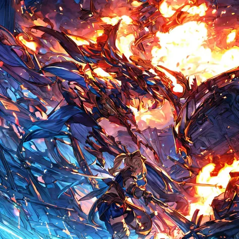 <lora:add_detail:1><lora:add_saturation:0.5><lora:Zeta:1><lora:Bakuhachumaho:1>
ultra detail, game cg,
ZETA (GRANBLUE FANTASY),BLONDE HAIR, TWINTAILS, BLUE EYES, BLACK HAIRBAND,BIKINI ARMOR, BLUE SKIRT, MINI SKIRT,curvy,grin,
depth of field, ancient park, bakuhatsu,fire,explosion,
looking ahead, from side,