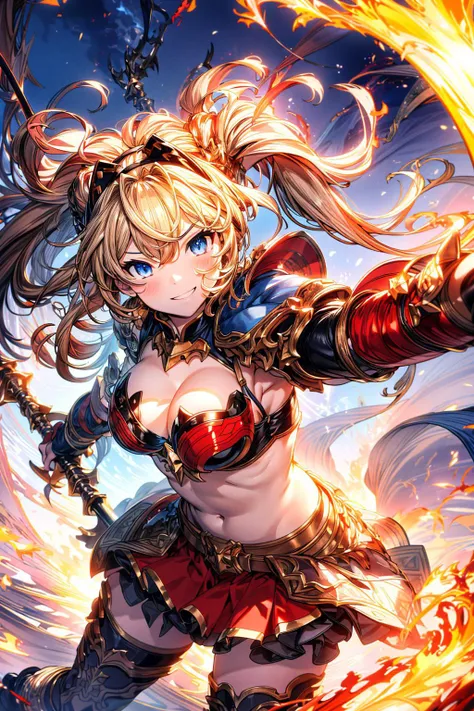 absurdres, (best quality), (masterpiece),(ultra-detailed:1.2),(photorealistic:1.4),(highres),(from above:1.1),fish eye,
1girl,angry,grin,spear,holding spear,forward ,
 <lora:Zeta:0.8> zeta (granblue fantasy), blonde hair, twintails, blue eyes, black hairband, red bikini armor, red skirt, mini skirt, 
(swirling:1.3) ,(flame:1.4) ,(red fire:1.2),abstract,
<lora:anime_minimalist_v1-000020:-0.5>
 <lora:flat2:-0.5>