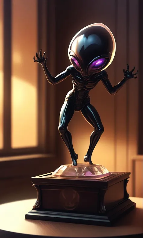 An intricate and beautiful Jet black ancient alien figurine is popping out of an open oak music box. The translucent and iridescent armor glows in the light from a dusty window. H.R. Giger made the polished figurine standing in a ballet pose., a digital comic illustration.