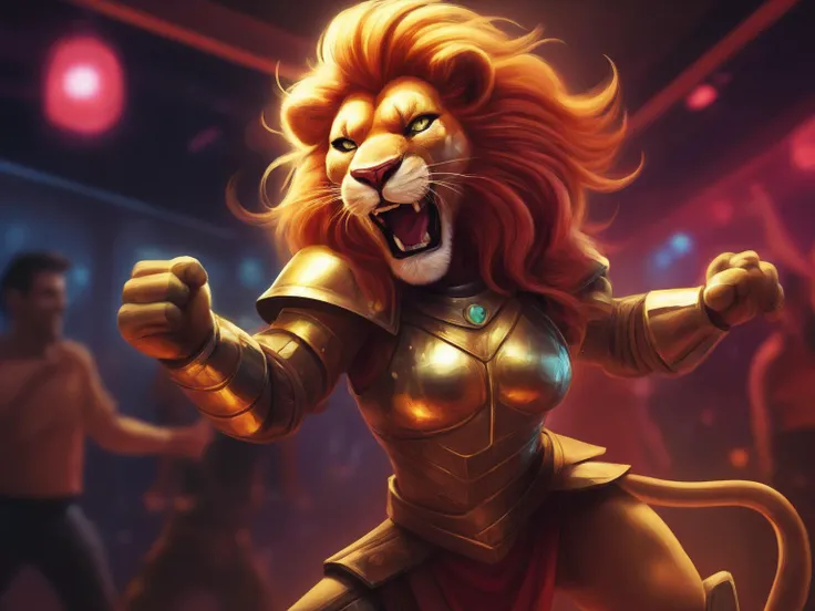A gorgeous female lion wearing paladin armor dancing in a nightclub. A humanoid hybrid creature., a digital comic illustration.
