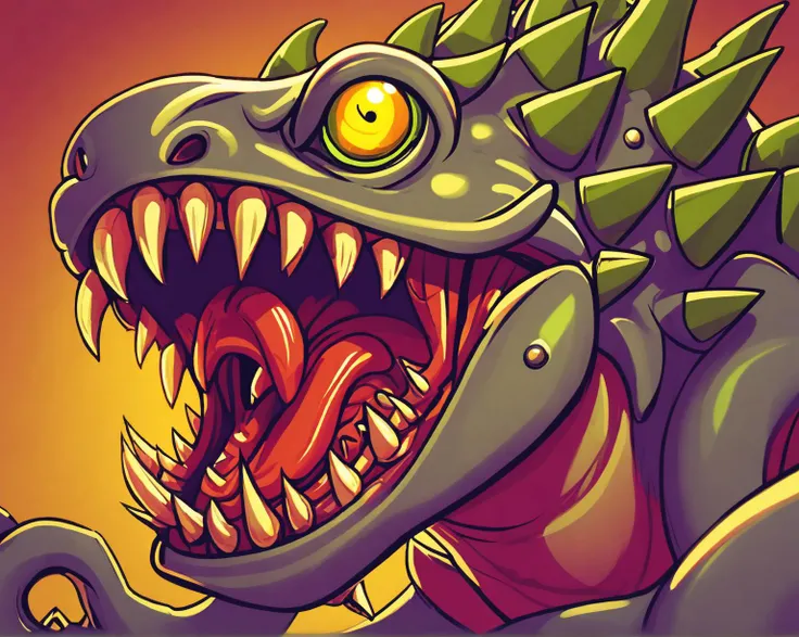 A monstrous beast with winding Teak Battleship Gray tentacles, the drooling mouth wide open showing fangs and a split tongue, slimy spiked scales skin, iridescent lizard eyes, eery and discomforting, a digital comic illustration.