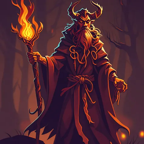 a demonic Nature druid standing in a dark forest wearing ragged torn robes, holding a polished oak staff, Irish knots, ethereal magical light, blistering campfire, a digital illustration.