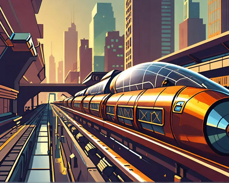 A photorealistic image of the skyline of a Sci-Fi Solarpunk city. The steel and glass rooftops hold shimmering solar panels. A futuristic mag-rail train runs past. I the style of the motion picture Bladerunner at noon., a digital illustration.